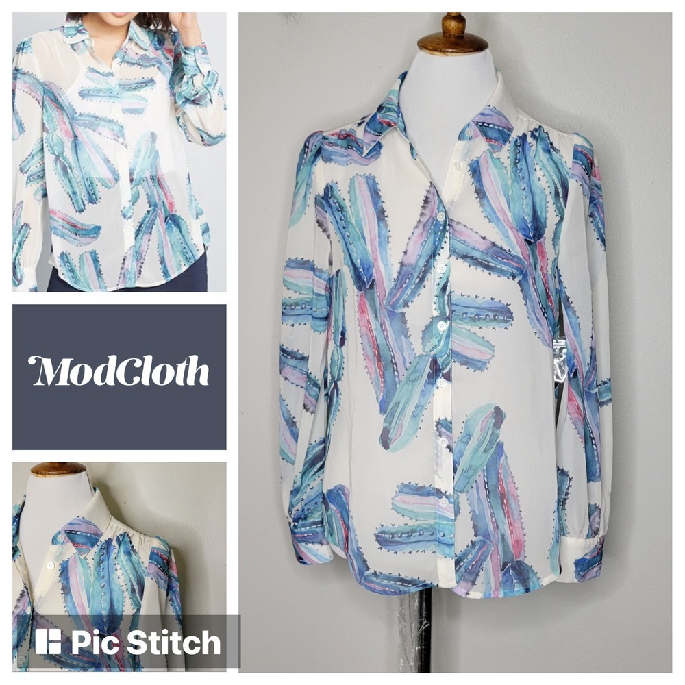 ModCloth Cactus Print Sheer Long‎ Sleeve Button Up Shirt Women Size S